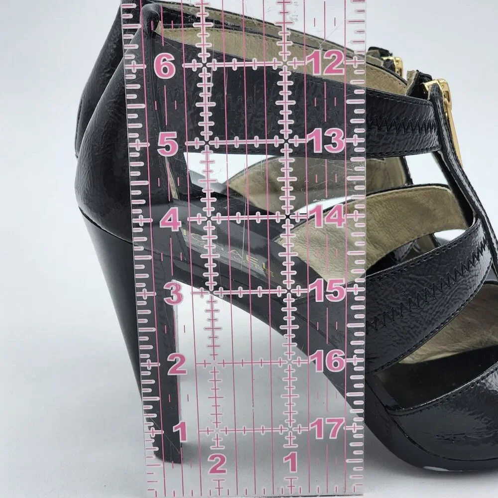 Michael Kors Zipper Patent Leather Strappy Peep Toe Heels Black Gold Size 8.5